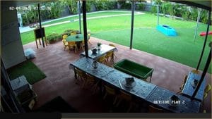 CCTV camera footage of an empty backyard.